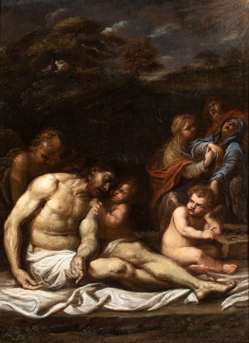 Artista Attivo a Roma, XVII Secolo - Compianto sul Cristo morto con angeli, olio su tela
