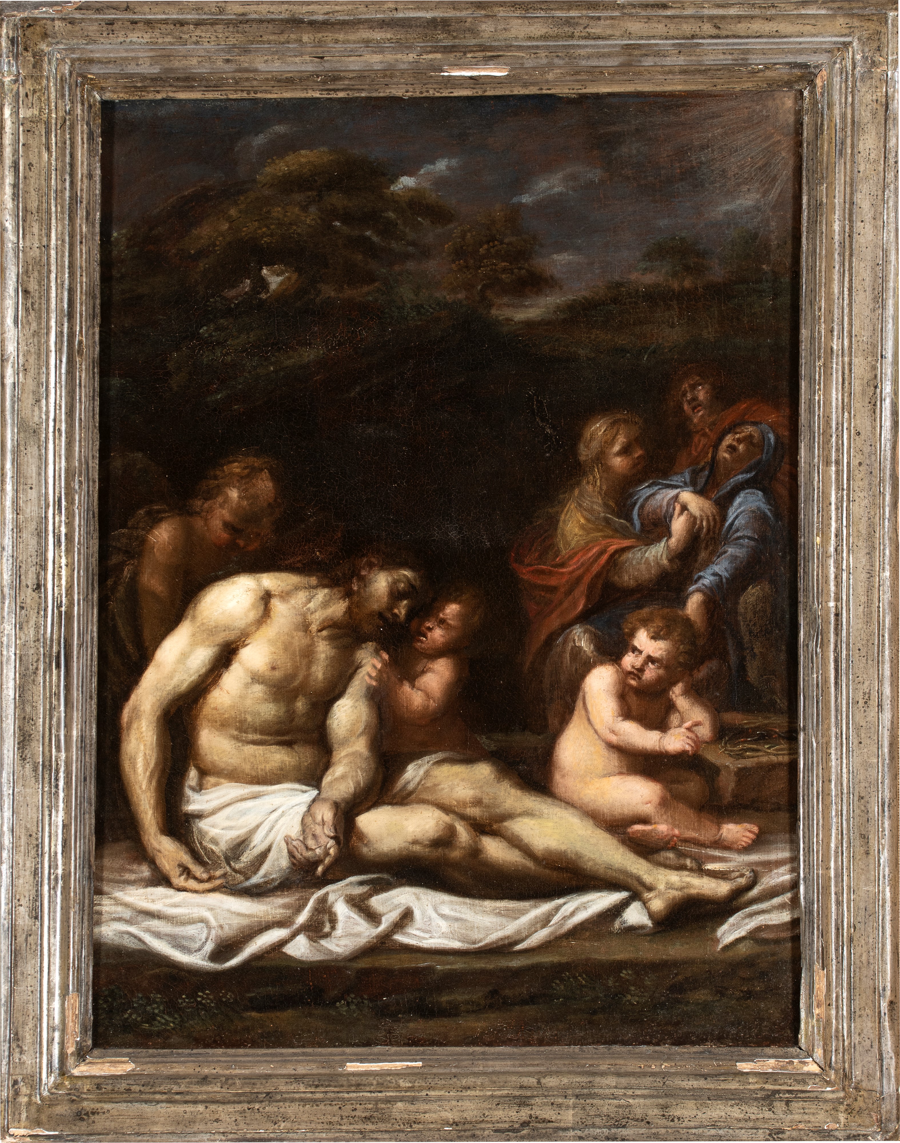 Artista Attivo a Roma, XVII Secolo - Compianto sul Cristo morto con angeli, olio su tela