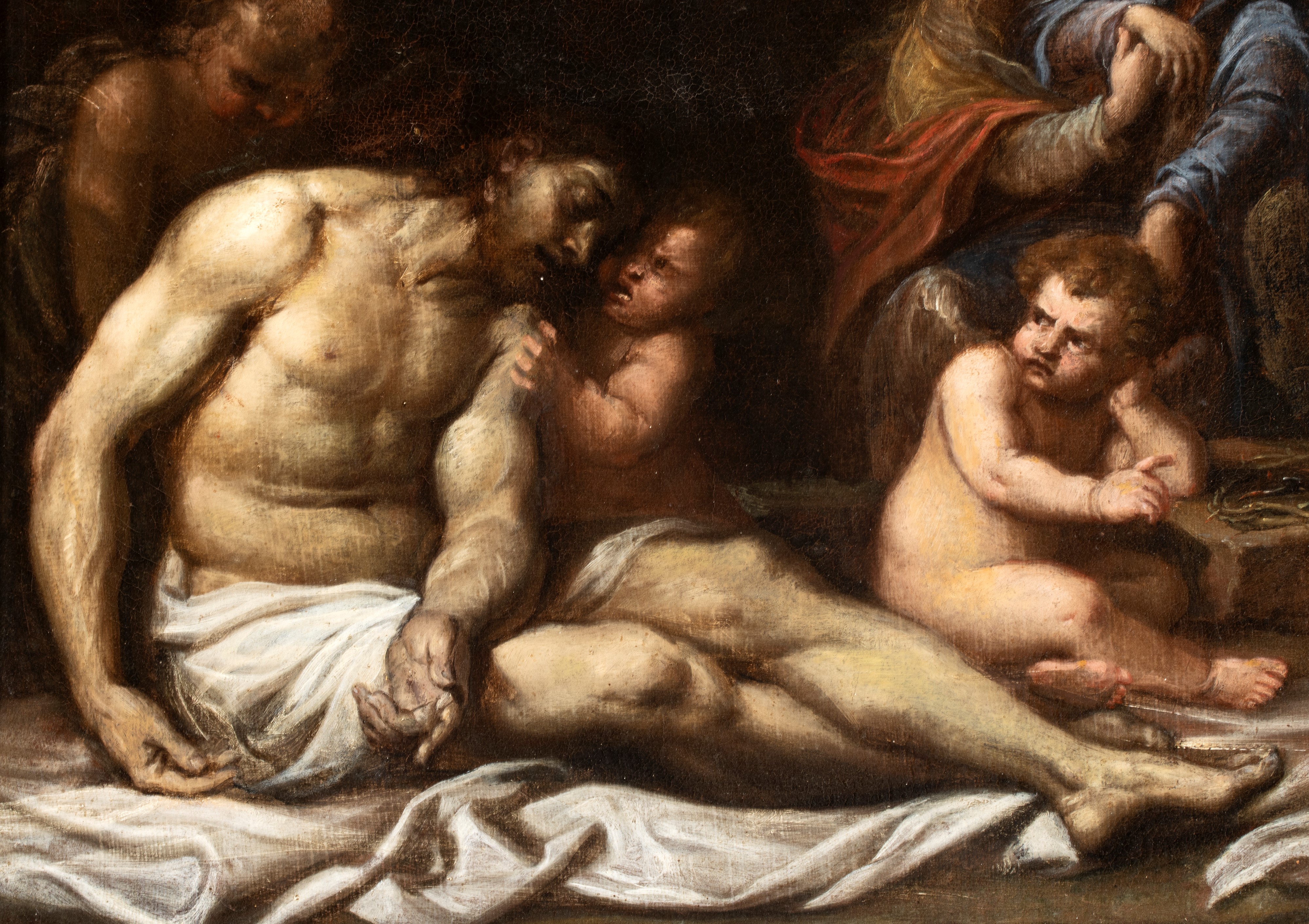 Artista Attivo a Roma, XVII Secolo - Compianto sul Cristo morto con angeli, olio su tela