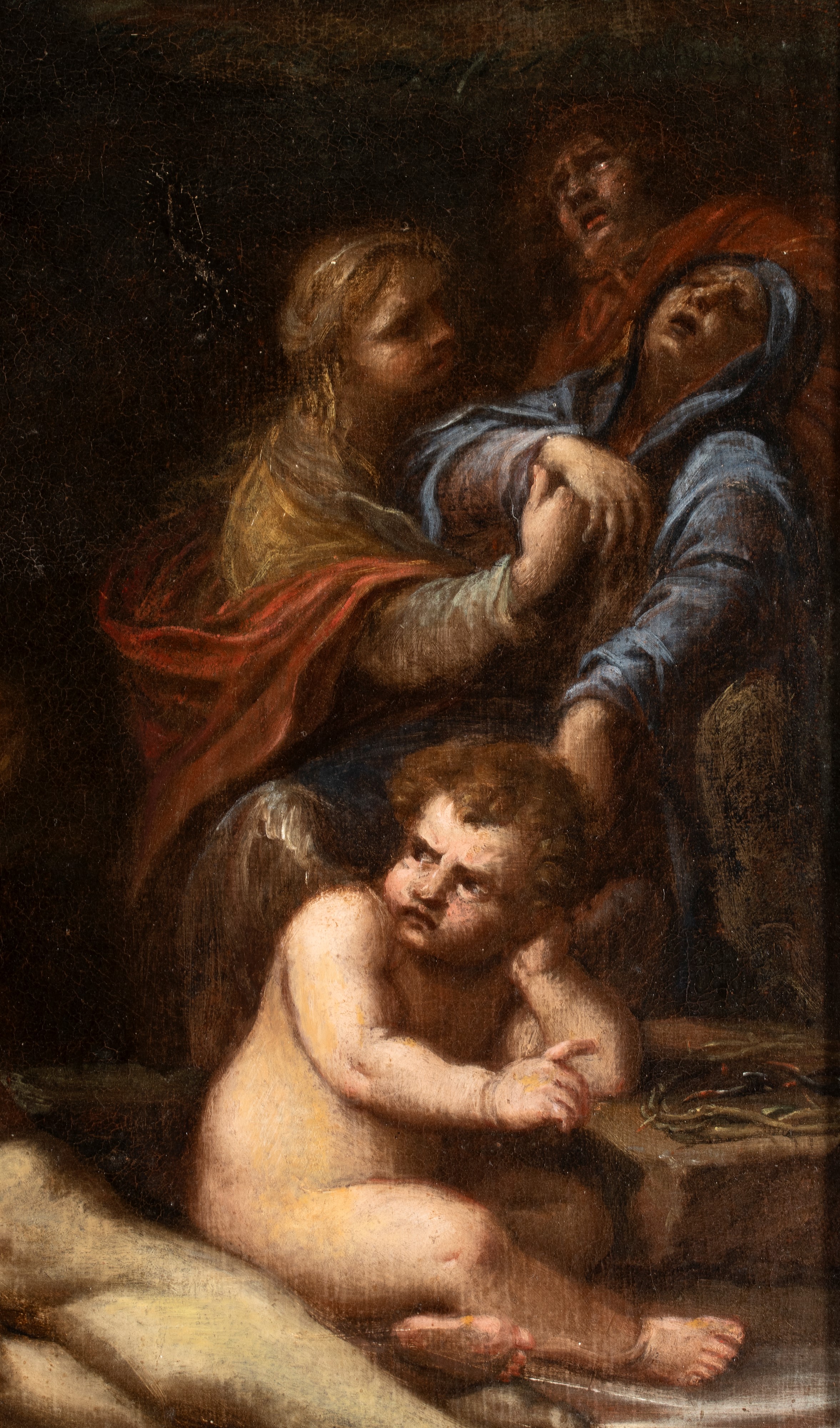 Artista Attivo a Roma, XVII Secolo - Compianto sul Cristo morto con angeli, olio su tela