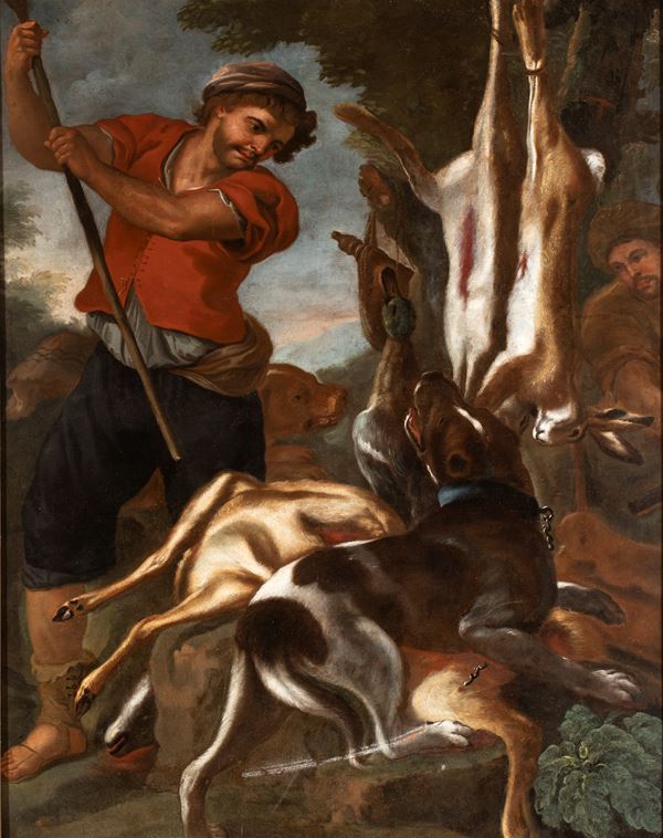 Due cacciatori con cani e selvaggina