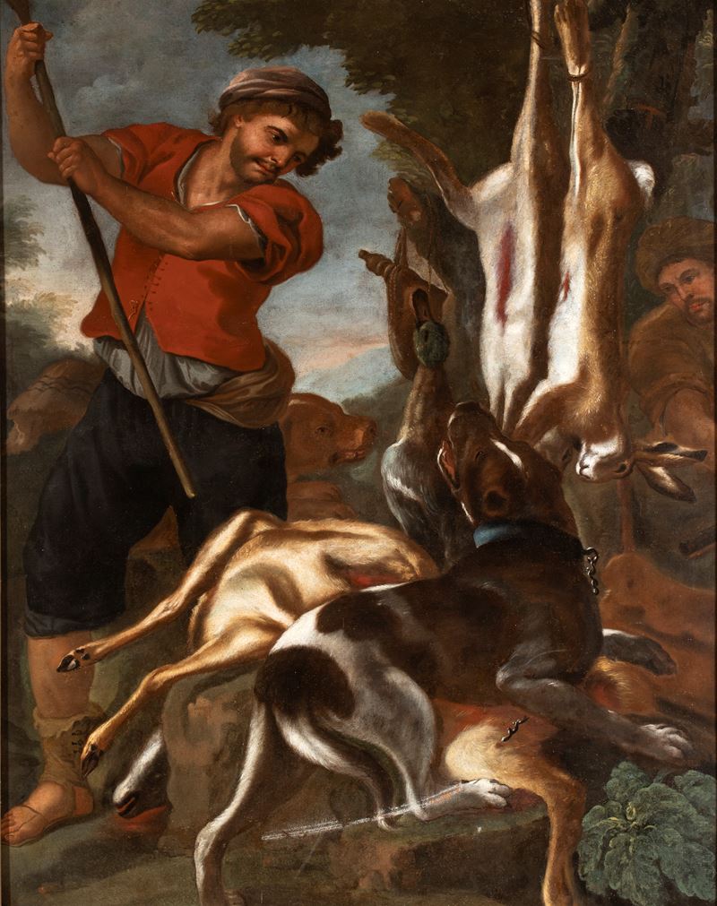 De Caro, Due cacciatori con cani e selvaggina