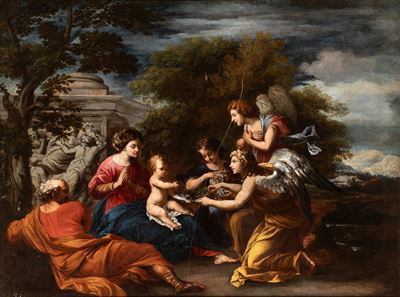 Sacra Famiglia confortata dagli angeli nella fuga in Egitto, olio su tela