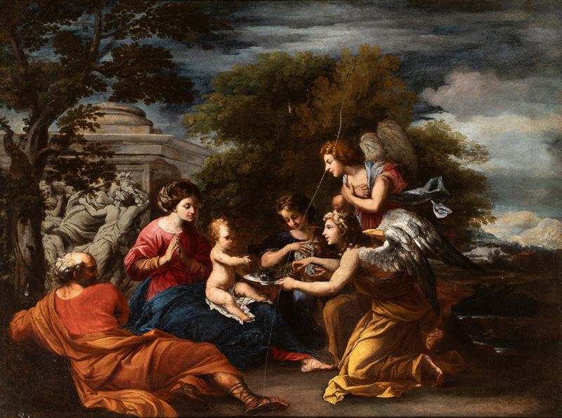 Artista Attivo a Roma, Seconda Metà XVII Secolo - Sacra Famiglia confortata dagli angeli nella fu...