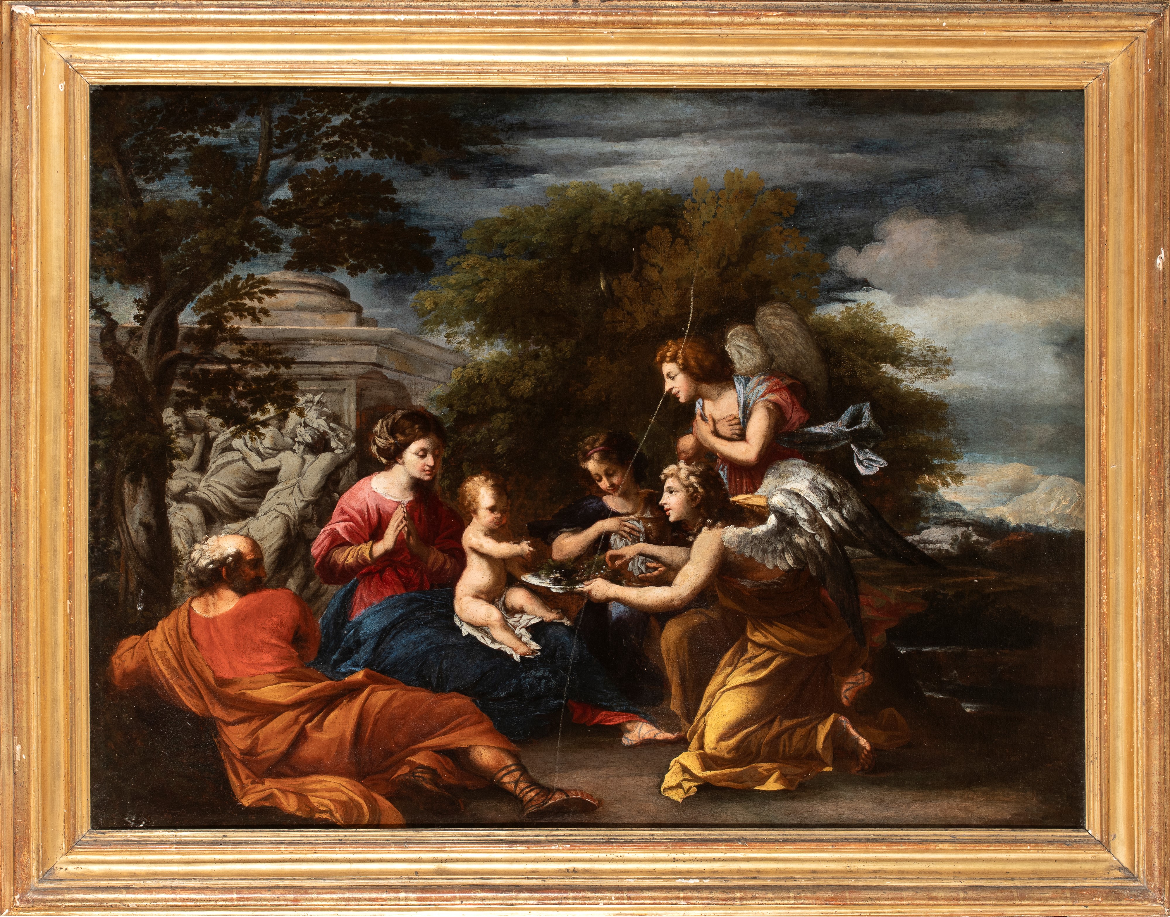 Artista Attivo a Roma, Seconda Metà XVII Secolo - Sacra Famiglia confortata dagli angeli nella fu...