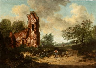 Paesaggio con rudere e figure, olio su tela
