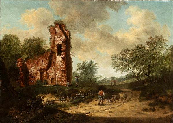 Artista olandese, XVIII secolo - Landscape with figures
