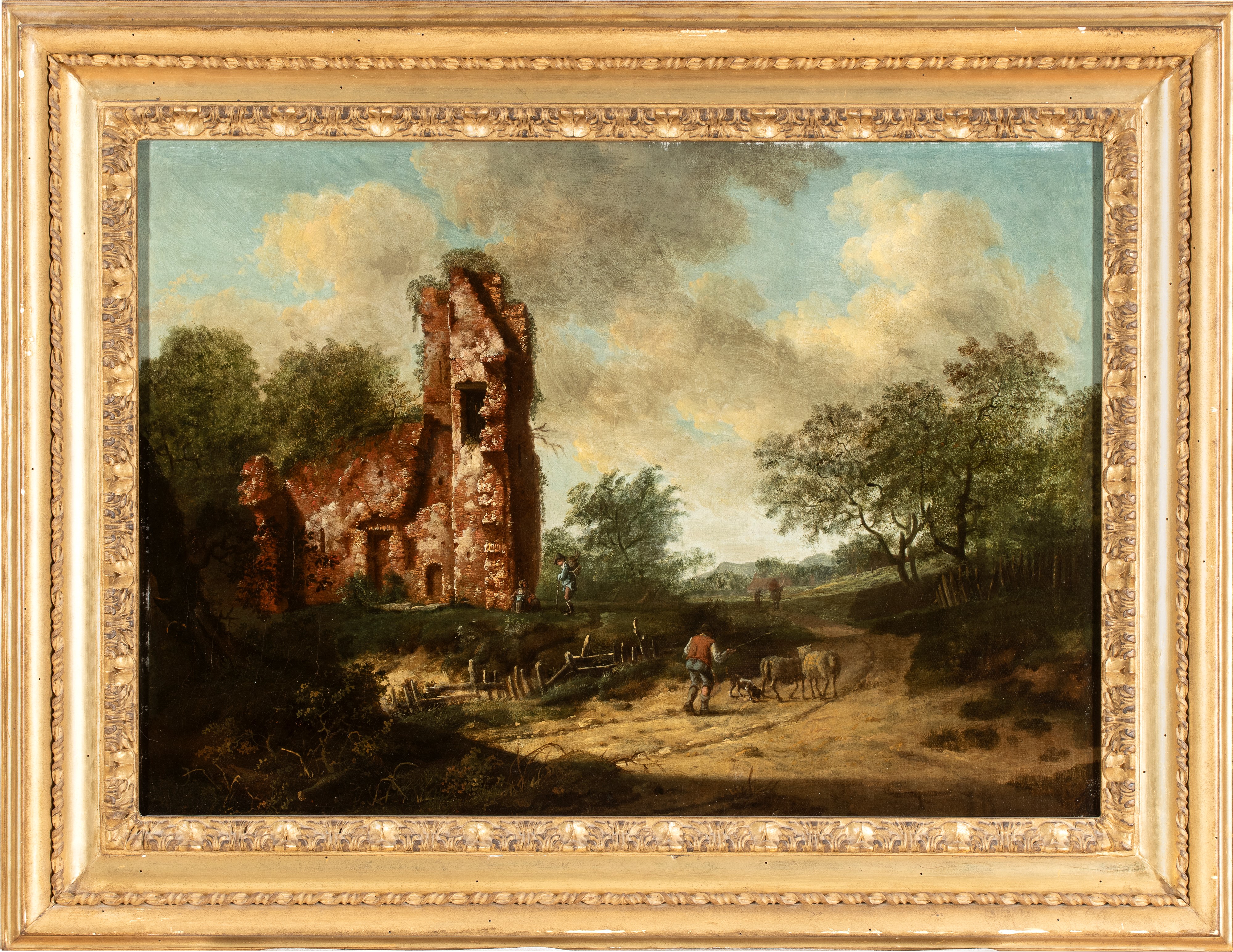 Artista Olandese, XVIII Secolo - Paesaggio con rudere e figure, olio su tela
