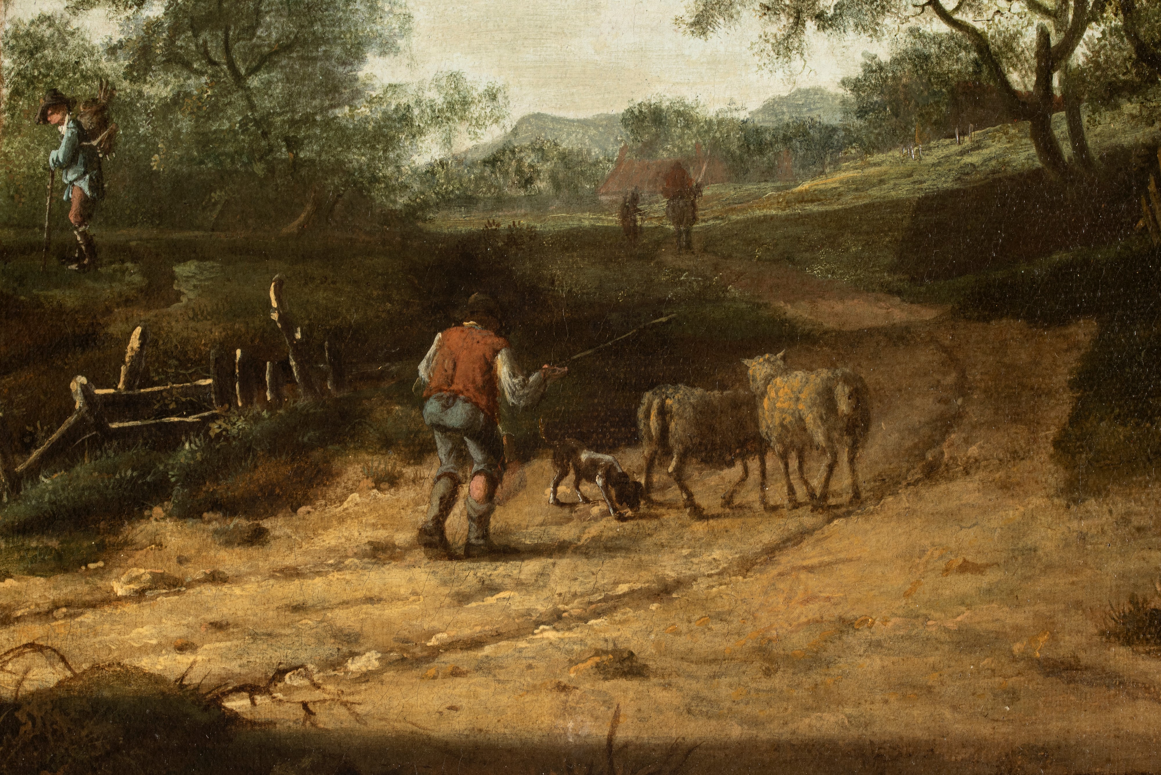 Artista Olandese, XVIII Secolo - Paesaggio con rudere e figure, olio su tela