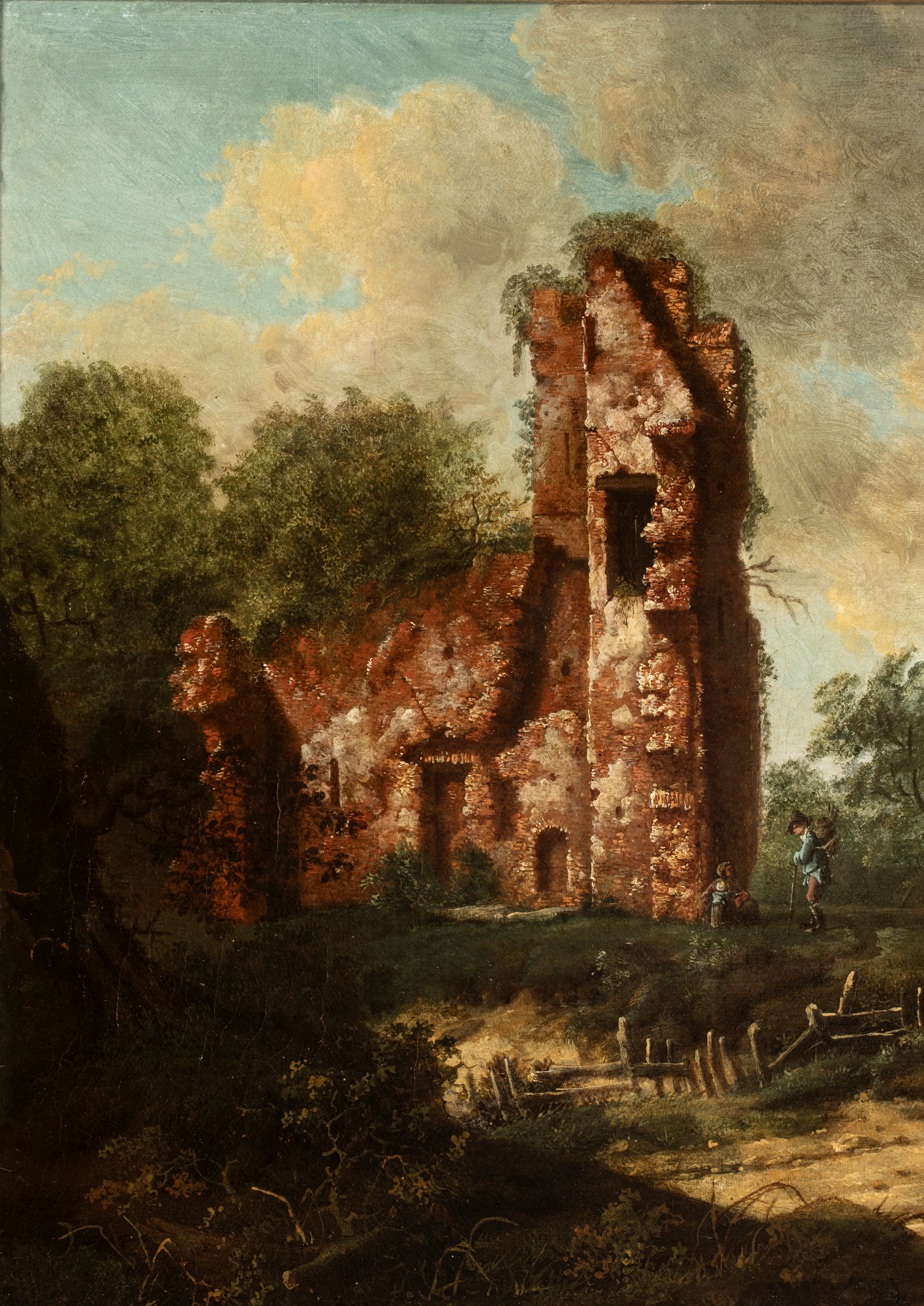 Artista Olandese, XVIII Secolo - Paesaggio con rudere e figure, olio su tela