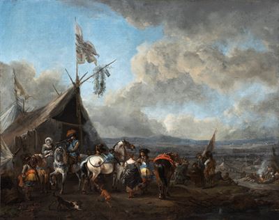 Accampamento con cavalieri e mercanti, olio su tela