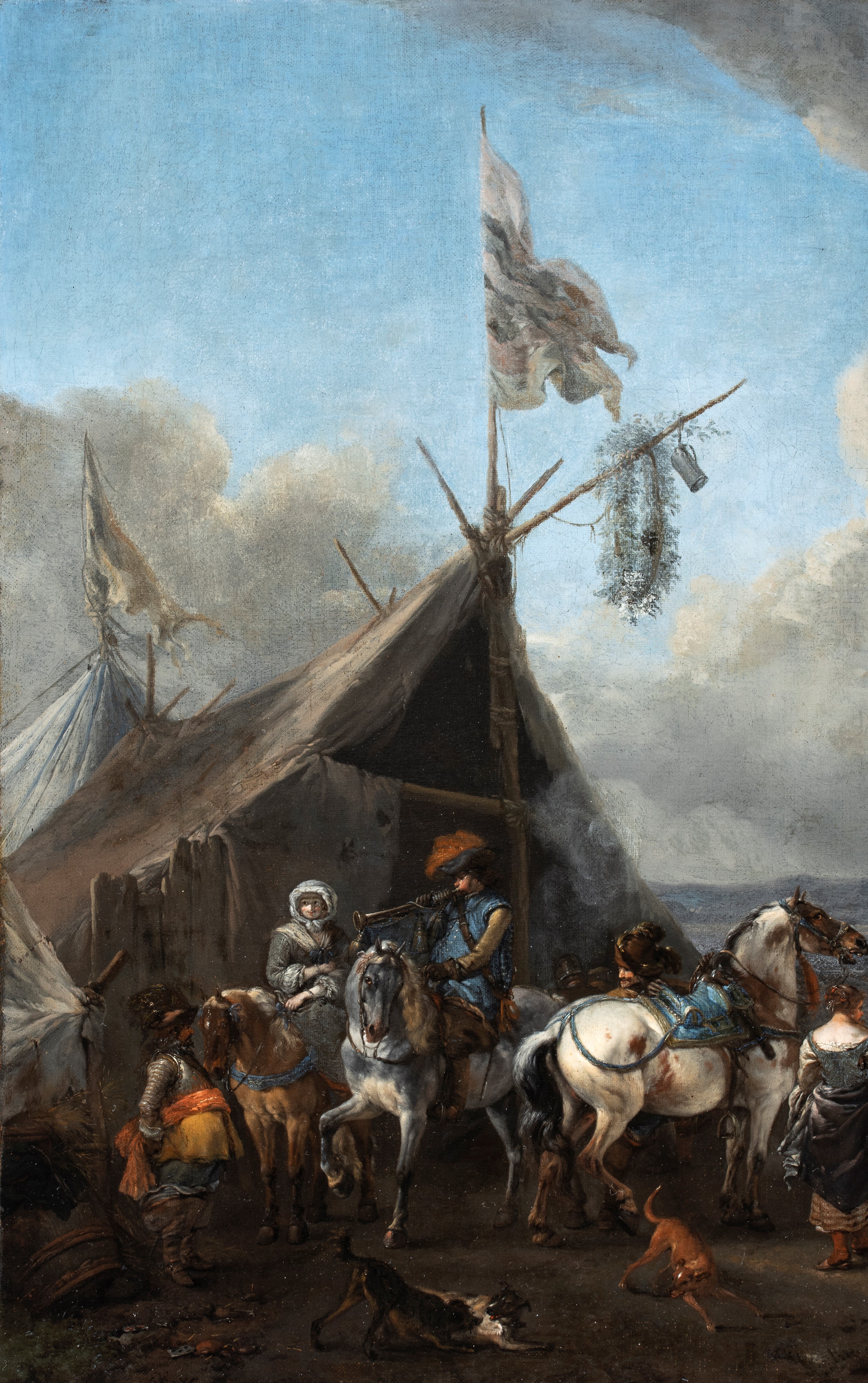 Philips Wouwerman - Accampamento con cavalieri e mercanti, olio su tela