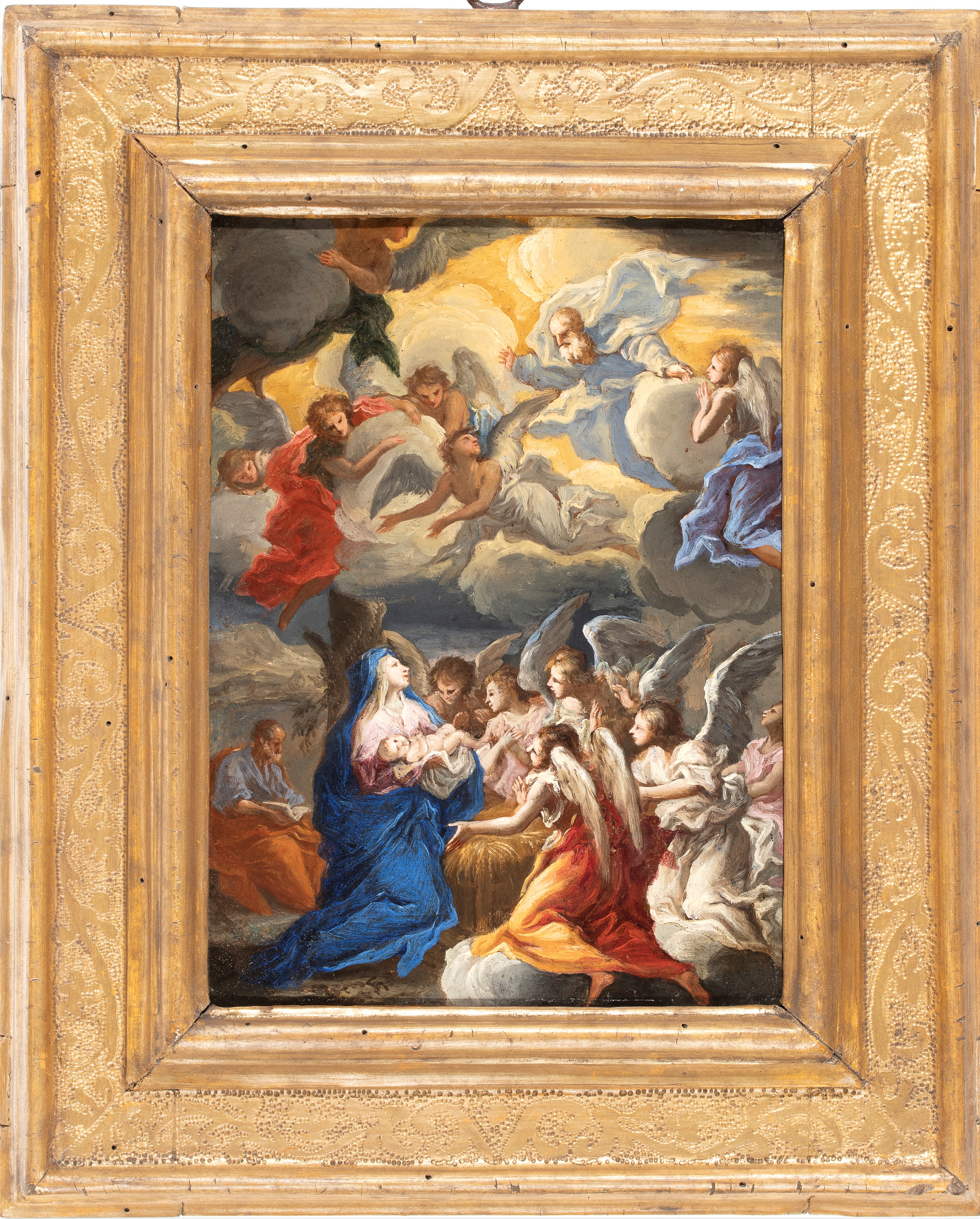 Artista Genovese, Seconda Metà XVII Secolo - Sacra Famiglia con angeli, olio su matrice in rame