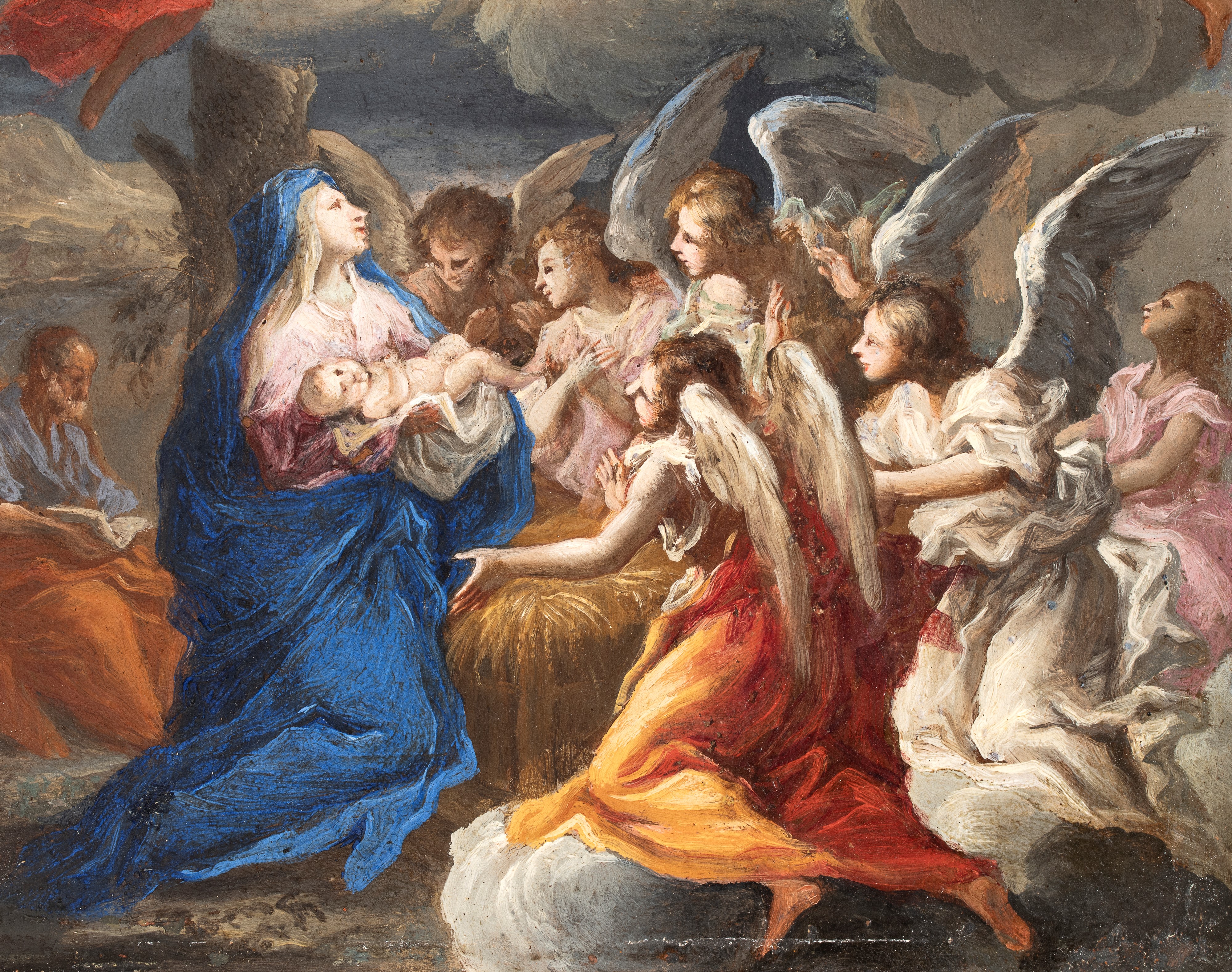 Artista Genovese, Seconda Metà XVII Secolo - Sacra Famiglia con angeli, olio su matrice in rame
