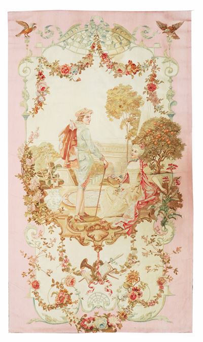 Manifattura Reale di Aubusson, Arazzo Aubusson, scena di incontro galante in giardino