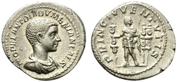 Diadumenian, as Caesar, Denarius struck under Macrinus, Rome, ca. AD 217-217...