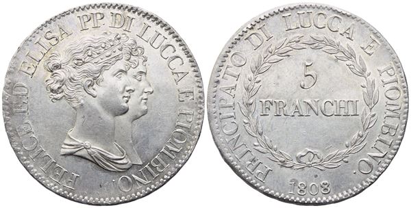 LUCCA. Principato di Lucca e Piombino. Elisa Bonaparte e Felice Baciocchi (1805-1814). 5 Franchi 1808; Ag (25 g; 36,5 mm)
