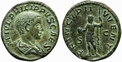 Philip II (caesar, 244-247). Æ As (25mm, 7.47g, 12h). Rome. Draped Bust R. R/ P...