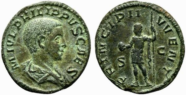 Philip II (Caesar, 244-247). Æ As (25mm, 7.47g, 12h). Rome. Draped bust r. R/ P...