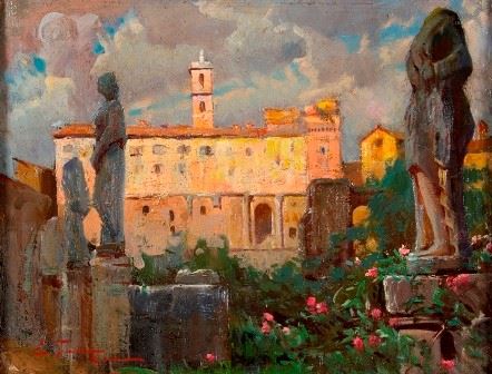 EDOARDO TANI : View with the Capitoline Hill  (Approximately 1930)  - Oil on cardboard - Auction Smart Auction: furniture, paintings, sculptures, silver and more at affordable prices - Bertolami Fine Art - Casa d'Aste