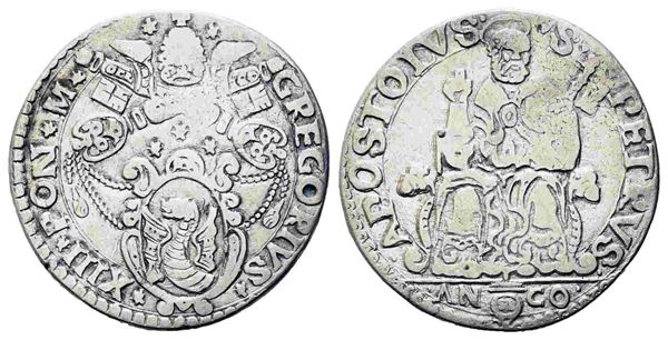 ANCONA. Stato Pontificio. Gregorio XIII (1572-1585) Testone. Ag (8,53 g). GREGO...