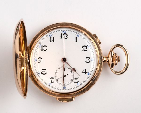 Orologio tasca cronografo in oro 18k con ripetizione ore e quarti al passaggio - Svizzera, 1910 circa  