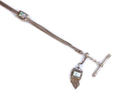Catena da orologio francese, argento e smalti policromi a decori floreali, XIX secolo
