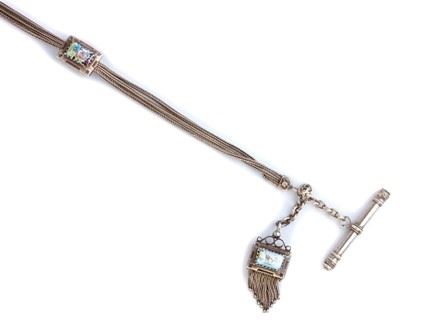 Catena da orologio francese, argento e smalti policromi a decori floreali, fine XIX secolo