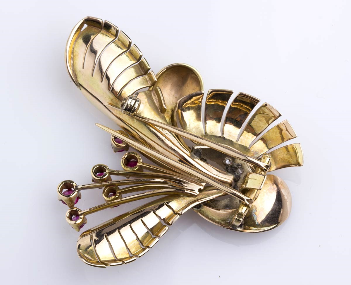 Spilla in Oro con Rubini e Diamanti - Anni '40