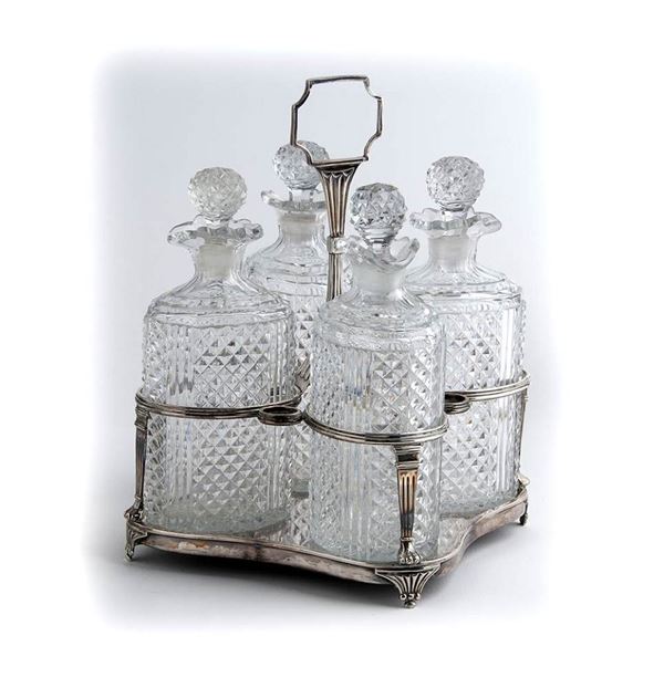English Georgian Empire sterling silver four bottle decander stand - London 1806, mark of NAPTHALI HART