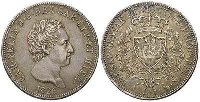 Regno di Sardegna. Torino. Carlo Felice (1821-1831). 5 Lire 1826. Gig.44; Ag; 25gr