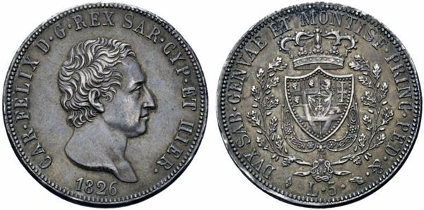 REGNO DI SARDEGNA. Carlo Felice (1821-1831). 5 lire 1826. Torino. Pag. 71; Mont...