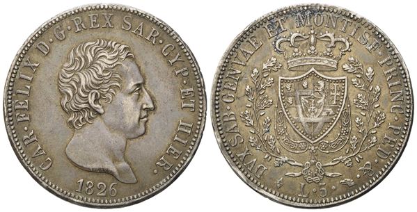 REGNO DI SARDEGNA. TORINO. Carlo Felice (1821-1831). 5 lire 1826. Gig.44; Ag; 25gr
