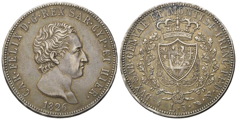Regno di Sardegna. Torino. Carlo Felice (1821-1831). 5 Lire 1826. Gig.44; Ag; 25gr