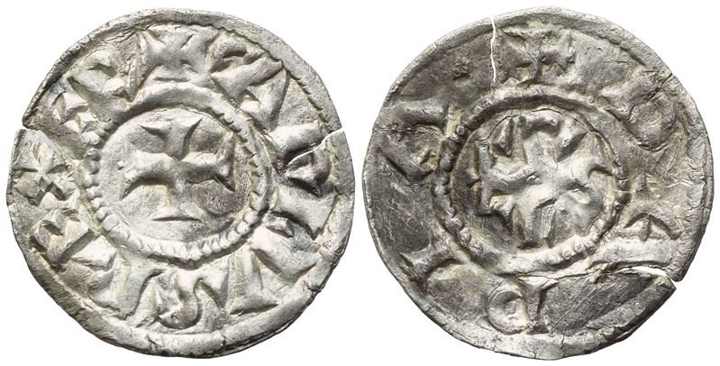 PAVIA, Carlo Magno (774–814), Denaro in argento (Ag) con croce e monogramma