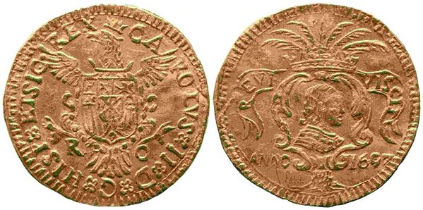 PALERMO. Regno di Sicilia. Carlo II di Spagna (1665-1700). Scudo "Riccio" 1697. Au (3,26 g; 23 mm)  - Asta Monete e medaglie medievali e moderne italiane ed estere - Bertolami Fine Art - Casa d'Aste