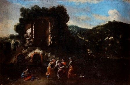 Filippo Teodoro Di Liagno Filippo Napoletano : Paesaggio con scena di tarantella...  - Auction Dipinti, disegni, sculture e oggetti di antiquariato dal XV al XIX secolo - Bertolami Fine Art - Casa d'Aste