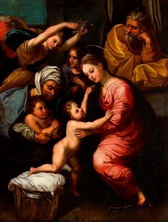 Sacra Famiglia con San Giovannino e Santa Elisabetta...  - Auction Dipinti, disegni, sculture e oggetti di antiquariato dal XV al XIX secolo - Bertolami Fine Art - Casa d'Aste