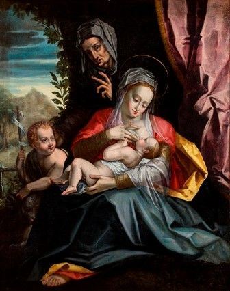 AMBITO DI GIROLAMO SICIOLANTE (Sermoneta, 1521- 1580 circa) - Madonna con Bambino, San Giovannino e Santa Elisabetta...