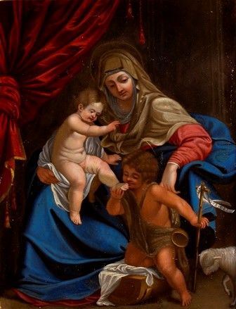 SCUOLA BOLOGNESE, PRIMA META&#8217; DEL XVII SECOLO - Madonna con Bambino e san Giovannino...