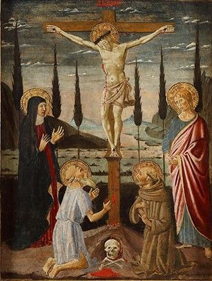 ARTISTA TOSCANO, SECONDA META' DEL XV SECOLO : Cristo crocifisso fra la Vergine e i santi Giovanni Evangelista, Gerolamo e Fra...  - Auction Dipinti, disegni, sculture e oggetti di antiquariato dal XV al XIX secolo - Bertolami Fine Art - Casa d'Aste