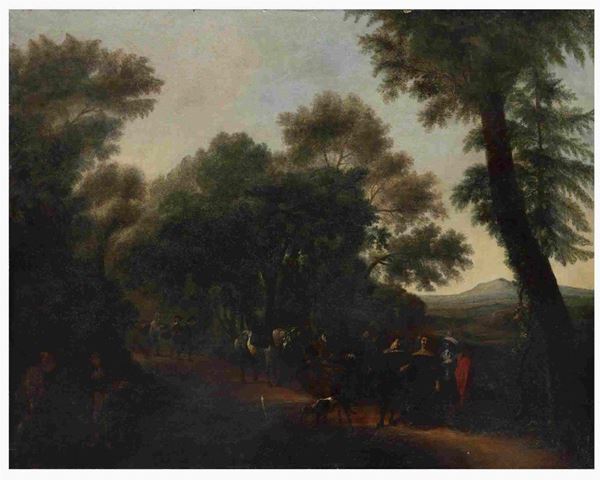 ANGELUCCIO (attivo a Roma nel II / III quarte del XVII secolo), ATTRIBUITO - Paesaggio boschivo con gruppo di viandanti...