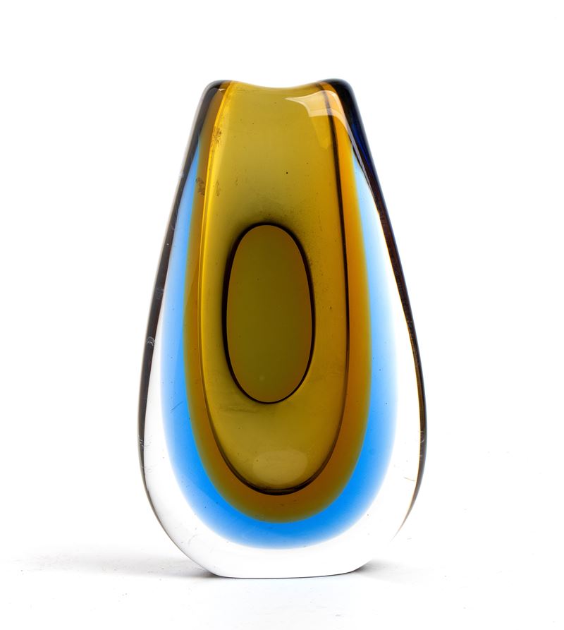 Flavio Poli Chioggia, 1900 - Venezia, 1984 - Vaso in Vetro Sommerso Giallo e Blu