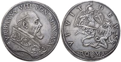 Urbano VIII, Piastra Anno XV (Roma, 1623-1644) con San Michele trafigge il drago, Ag