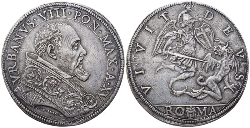 Urbano VIII, Piastra Anno XV (Roma, 1623-1644) con San Michele trafigge il drago, Ag