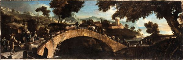 Scuola romana, prima met&#224; XVIII secolo - Landscape with bridge, sheperds and herds