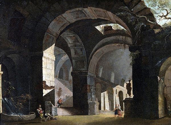 SCUOLA ROMANA, PRIMA META' DEL XVII SECOLO : Capriccio architettonico con rovina monumentale, fontanile e figure...  - Asta Dipinti, disegni, sculture e oggetti di antiquariato dal XV al XIX secolo - Bertolami Fine Art - Casa d'Aste