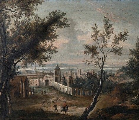 PITTORE FIAMMINGO, XVIII SECOLO : Paesaggio con figure e grande città fortificata sullo sfondo...  - Auction Dipinti, disegni, sculture e oggetti di antiquariato dal XV al XIX secolo - Bertolami Fine Art - Casa d'Aste