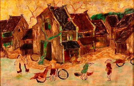 PHAM CHINH TRUNG
Vietnam, 1955-
 : Villaggio con figure, 1992...  - Asta Dai bronzi arcaici cinesi alla pittura indonesiana e vietnamita del novecento - Bertolami Fine Art - Casa d'Aste