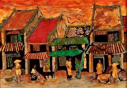 PHAM CHINH TRUNG
Vietnam, 1955-
 : Villaggio con figure, 1992...  - Asta Dai bronzi arcaici cinesi alla pittura indonesiana e vietnamita del novecento - Bertolami Fine Art - Casa d'Aste